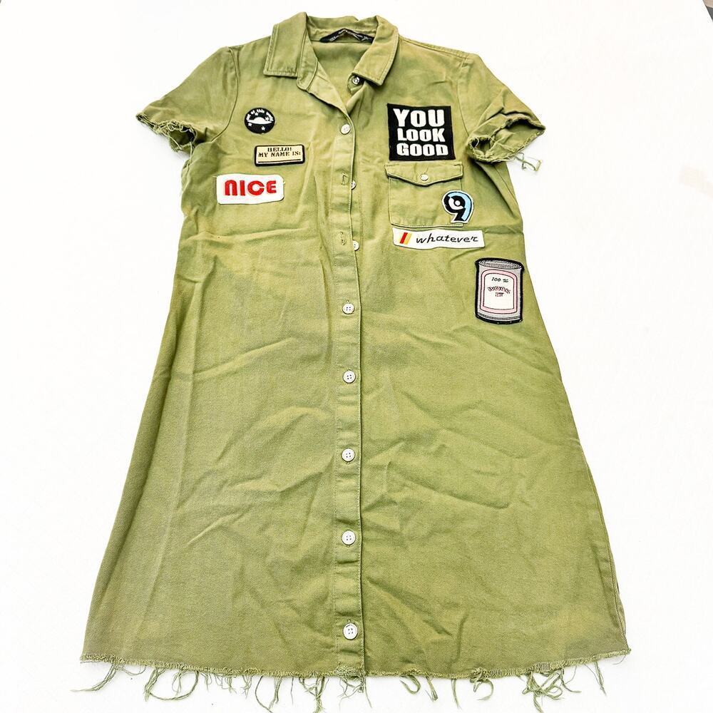 Zara Graphic Patchwork Button Down Military Shirt Dress Khaki Green SIze X-Small